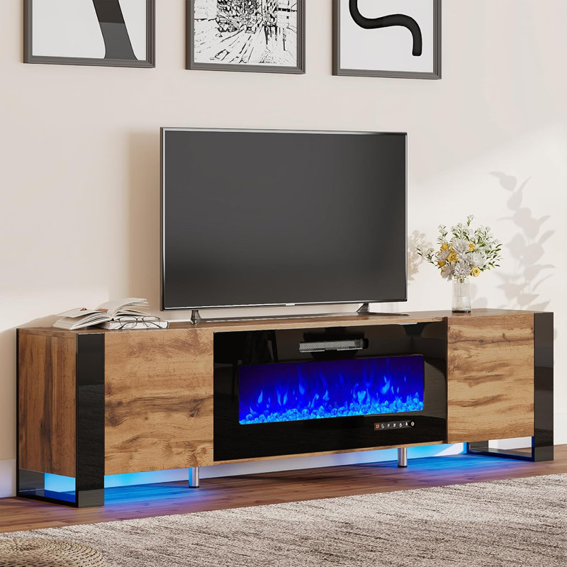 Wade Logan Bhhatu U shaped Legs Mirrored Finish TV Stand with Electric Fireplace Included Overall Entertainment Centre Width Side to Side 70